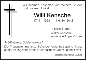 Traueranzeigen Von Willi Kensche Trauer Hna De