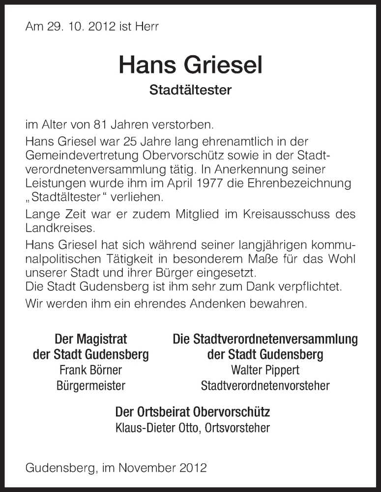 Traueranzeigen Von Hans Griesel Trauer HNA De