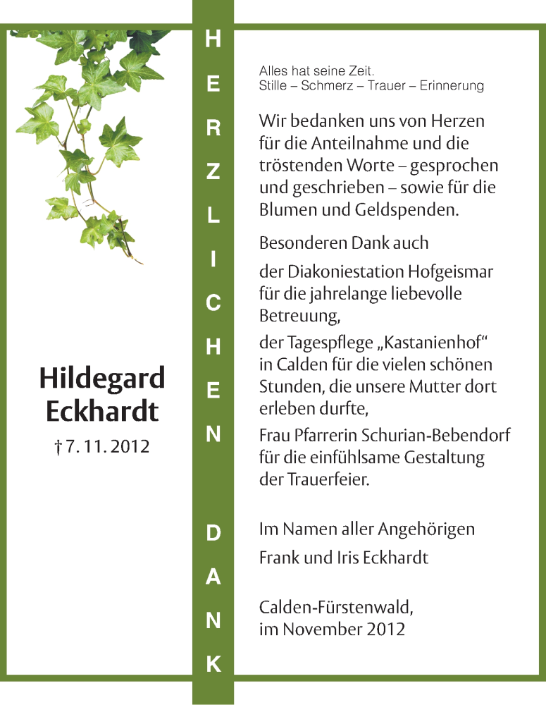 Traueranzeigen Von Hildegard Eckhardt Trauer Hna De