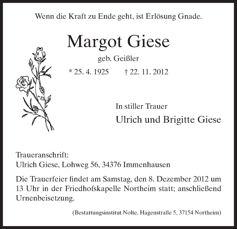 Traueranzeigen Von Margot Giese Trauer HNA De