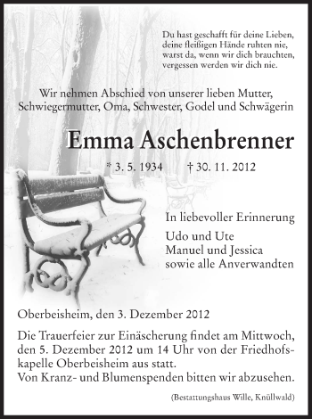 Traueranzeigen Von Emma Aschenbrenner Trauer Hna De