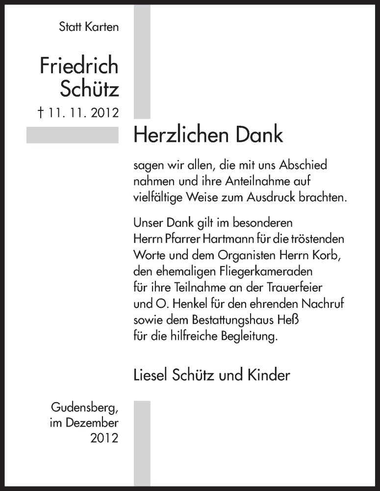 Traueranzeigen von Friedrich Schütz Trauer HNA de