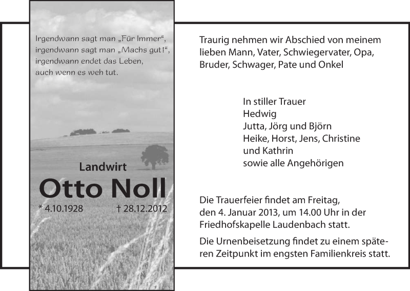 Traueranzeigen Von Otto Noll Trauer HNA De