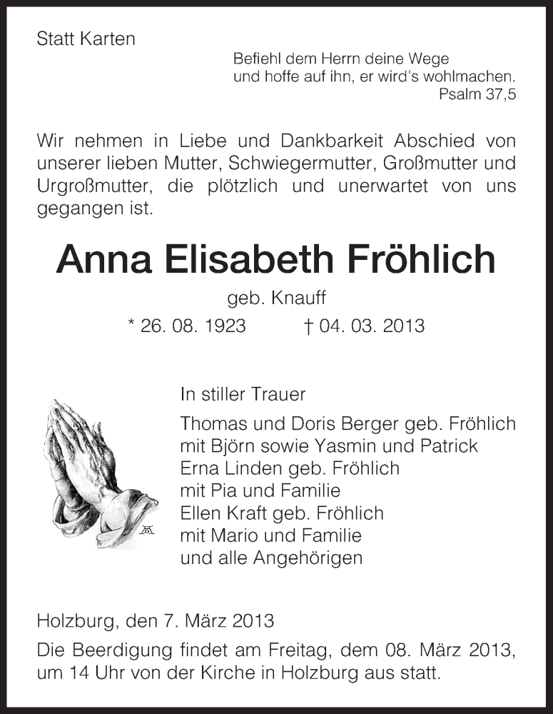 Traueranzeigen von Anna Elisabeth Fröhlich Trauer HNA de