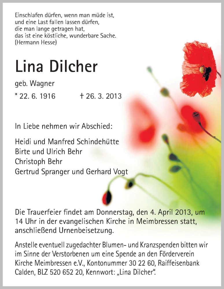 Traueranzeigen Von Lina Dilcher Trauer Hna De