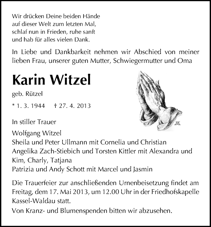 Traueranzeigen Von Karin Witzel Trauer HNA De