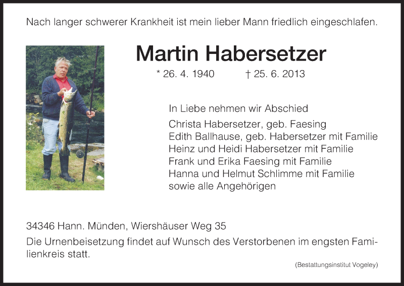 Traueranzeigen Von Martin Habersetzer Trauer HNA De