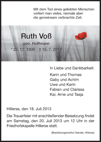 Traueranzeigen von Ruth Voß Trauer HNA de