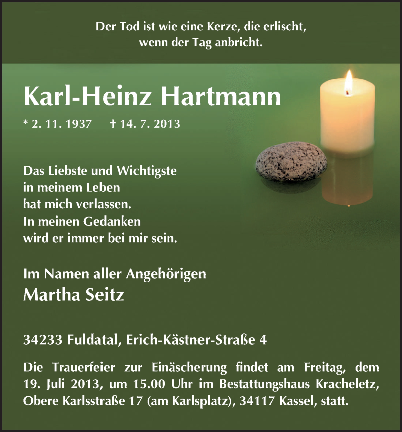 Traueranzeigen Von Karl Heinz Hartmann Trauer Hna De