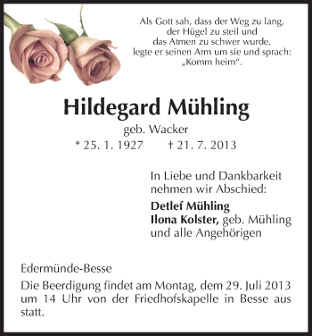 Traueranzeigen von Hildegard Mühling Trauer HNA de