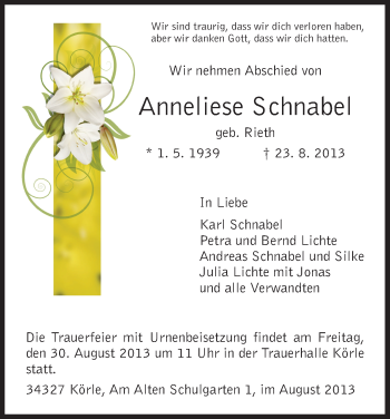 Traueranzeigen Von Anneliese Schnabel Trauer Hna De