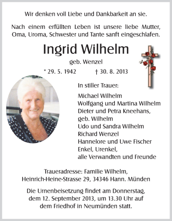 Traueranzeigen Von Ingrid Wilhelm Trauer HNA De