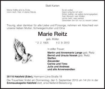 Traueranzeigen Von Marie Reitz Trauer HNA De