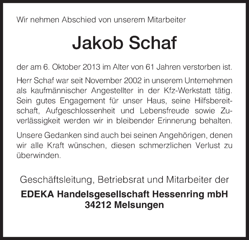 Traueranzeigen Von Jakob Schaf Trauer HNA De