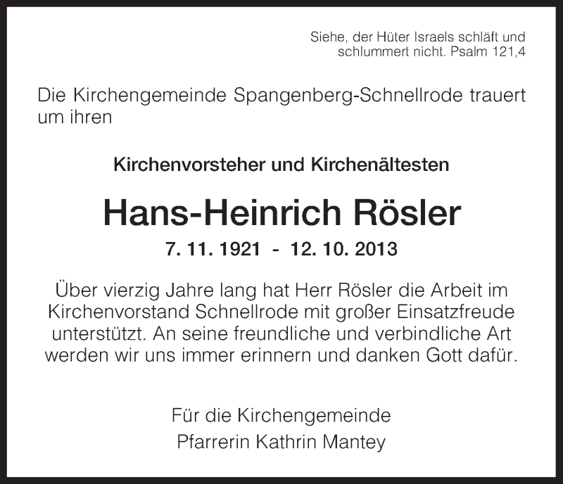 Traueranzeigen von Hans Heinrich Rösler Trauer HNA de