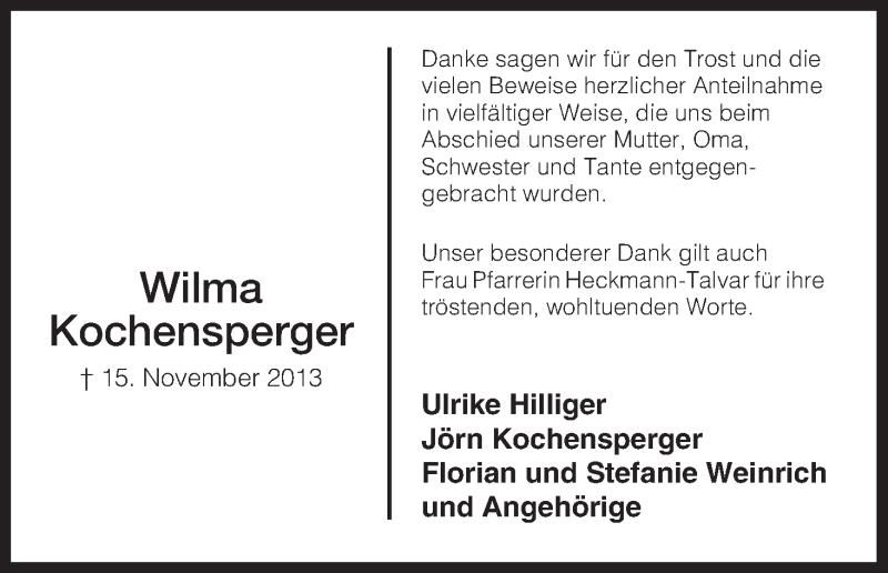 Traueranzeigen Von Wilma Kochensperger Trauer Hna De