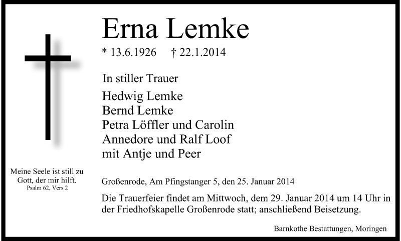 Traueranzeigen Von Erna Lemke Trauer Hna De