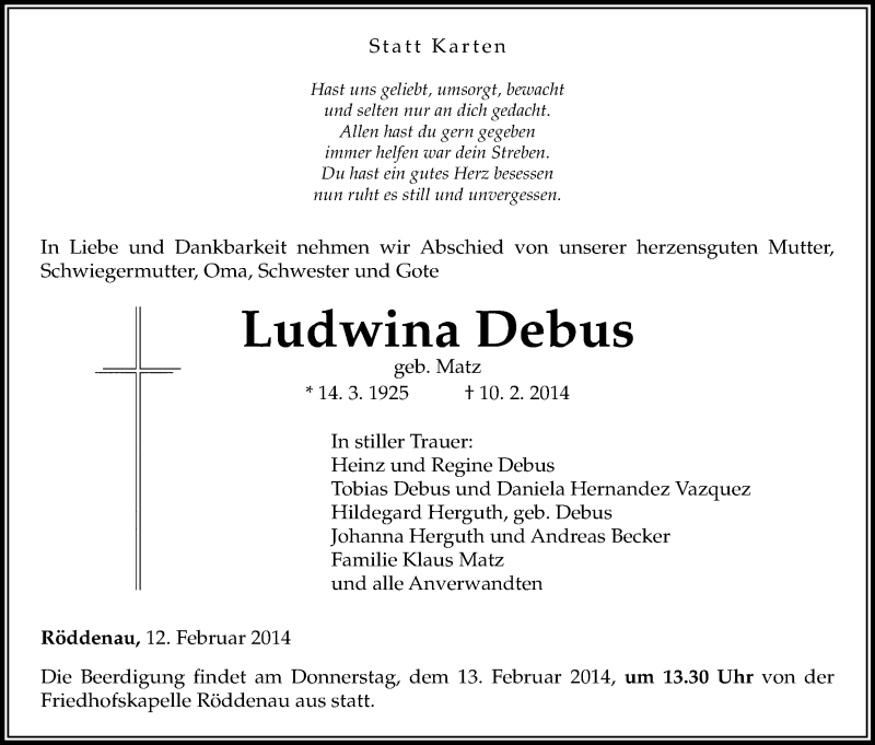 Traueranzeigen Von Ludwina Debus Trauer HNA De