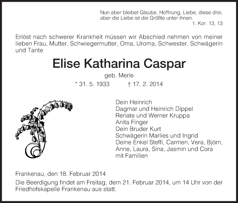 Traueranzeigen Von Elise Katharina Caspar Trauer Hna De