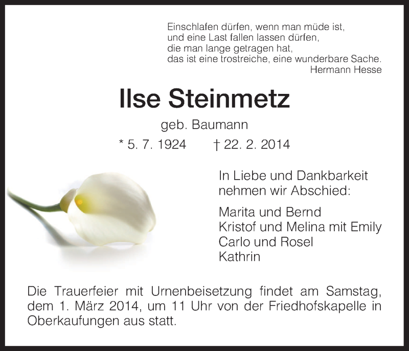 Traueranzeigen Von Ilse Steinmetz Trauer HNA De