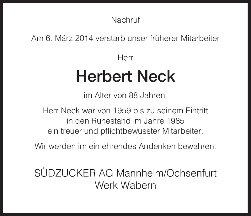 Traueranzeigen Von Herbert Neck Trauer Hna De