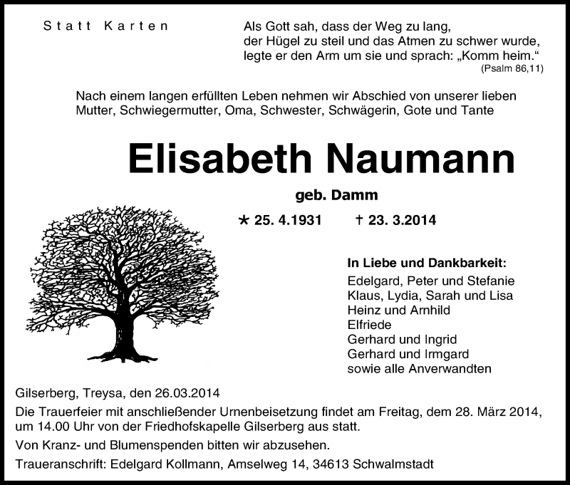 Traueranzeigen Von Elisabeth Naumann Trauer Hna De