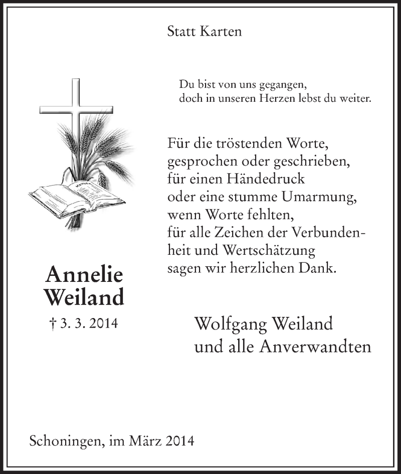 Traueranzeigen Von Annelie Weiland Trauer Hna De