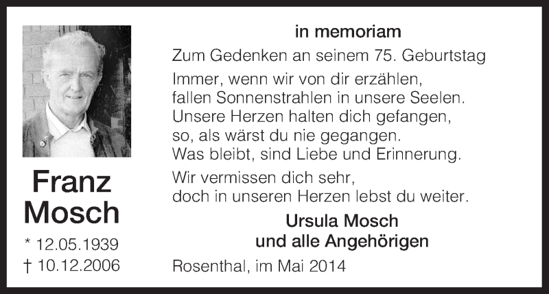 Traueranzeigen Von Franz Mosch Trauer Hna De