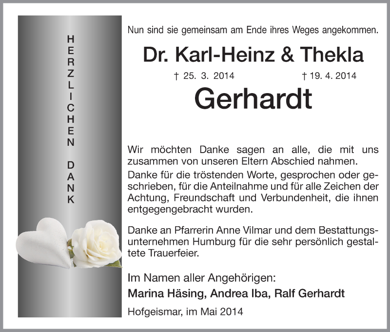 Traueranzeigen Von Karl Heinz Und Thekla Gerhardt Trauer HNA De