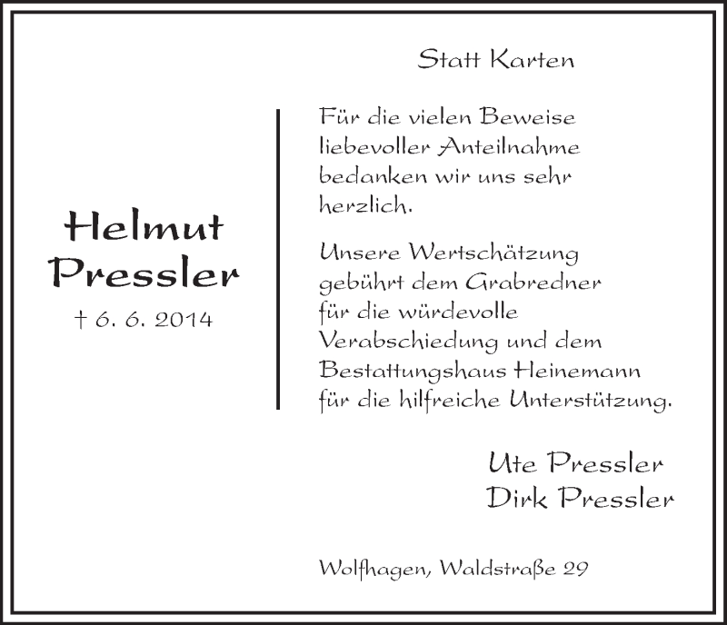 Traueranzeigen Von Helmut Pressler Trauer HNA De