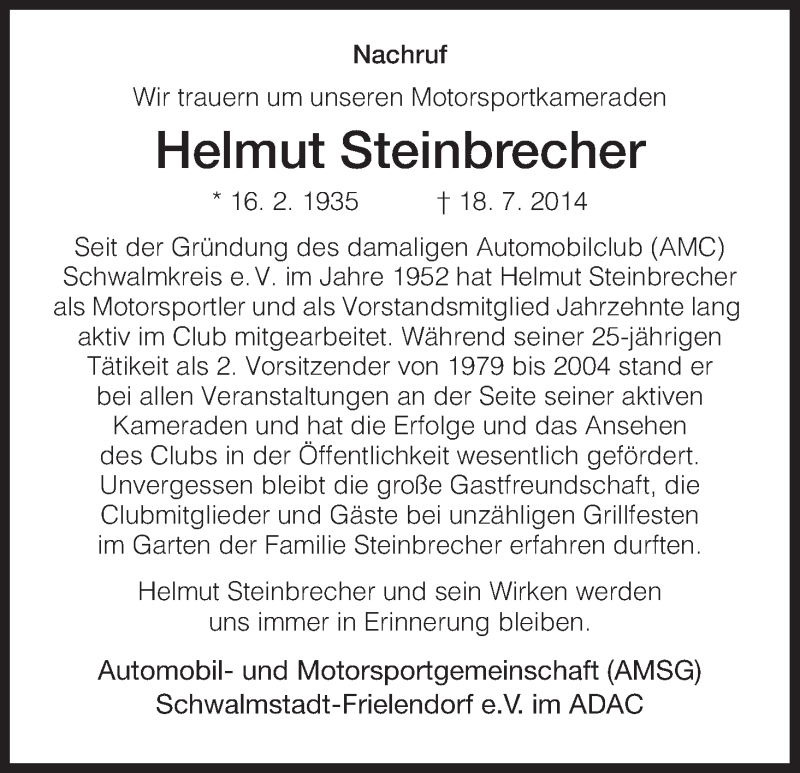 Traueranzeigen Von Helmut Steinbrecher Trauer Hna De