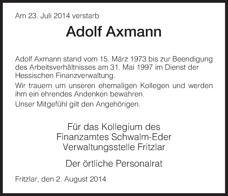 Traueranzeigen Von Adolf Axmann Trauer Hna De