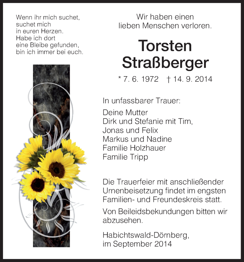 Traueranzeigen von Torsten Straßberger Trauer HNA de