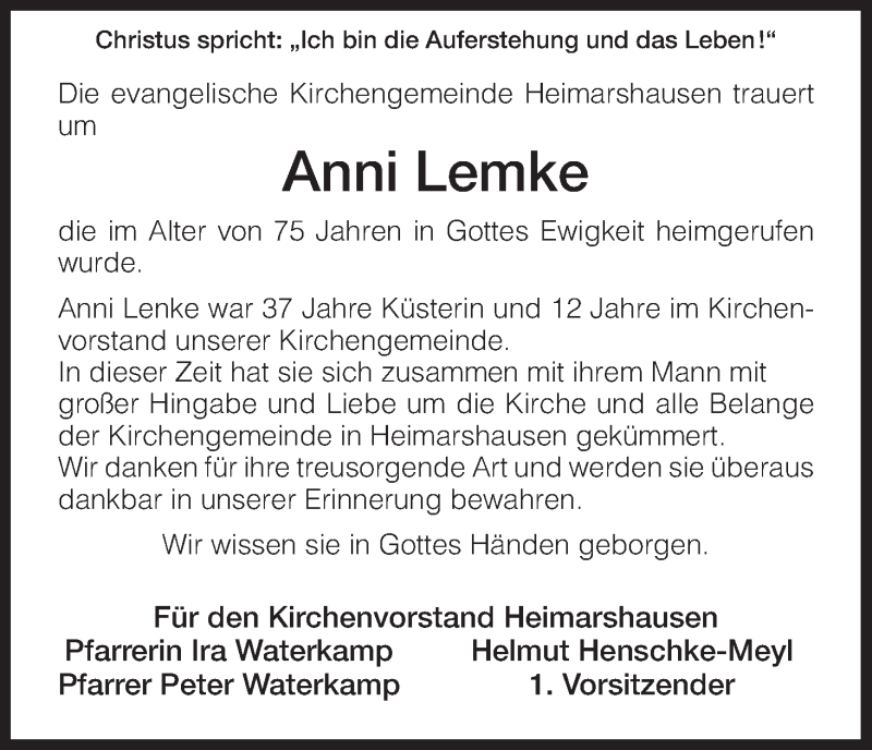 Traueranzeigen Von Anni Lemke Trauer HNA De