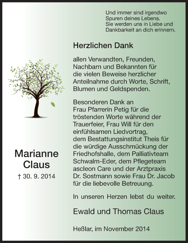 Traueranzeigen Von Marianne Claus Trauer Hna De