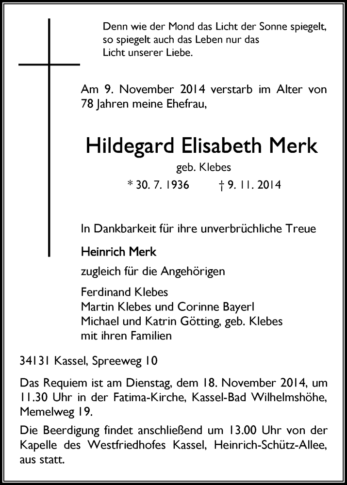 Traueranzeigen Von Hildegard Elisabeth Merk Trauer HNA De