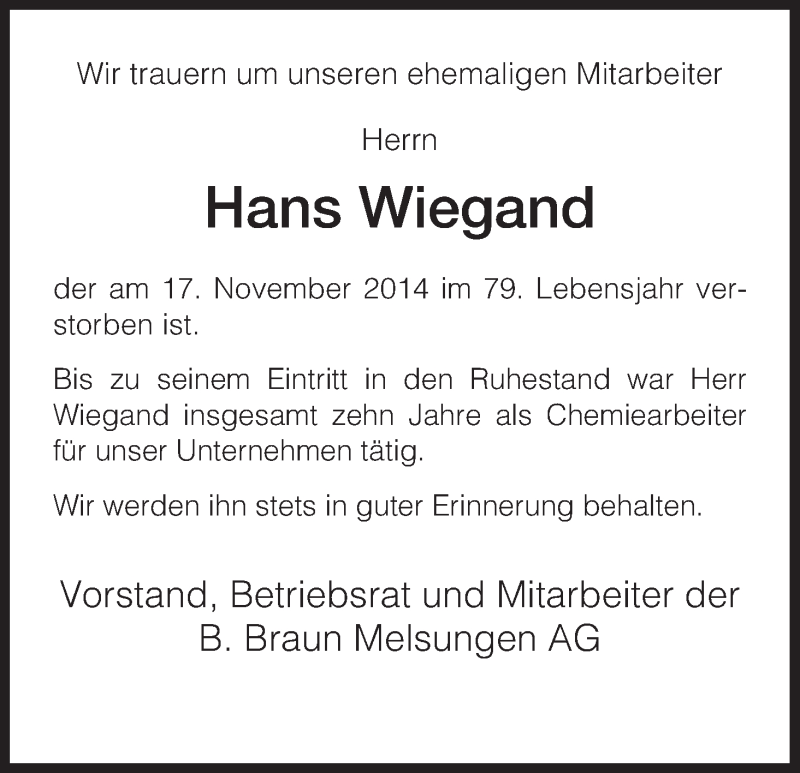 Traueranzeigen Von Hans Wiegand Trauer HNA De