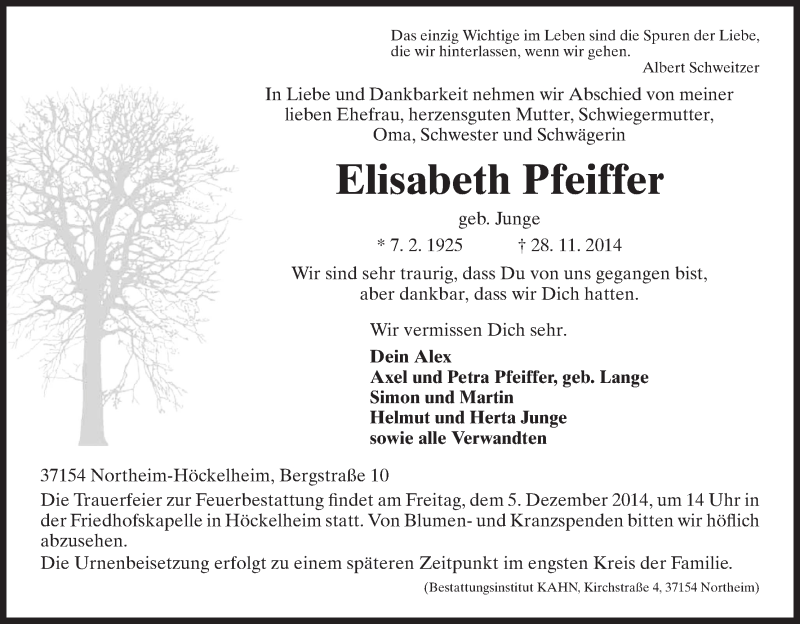 Traueranzeigen Von Elisabeth Pfeiffer Trauer HNA De