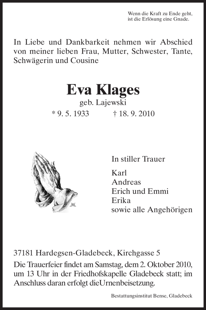 Traueranzeigen Von Eva Klages Trauer HNA De