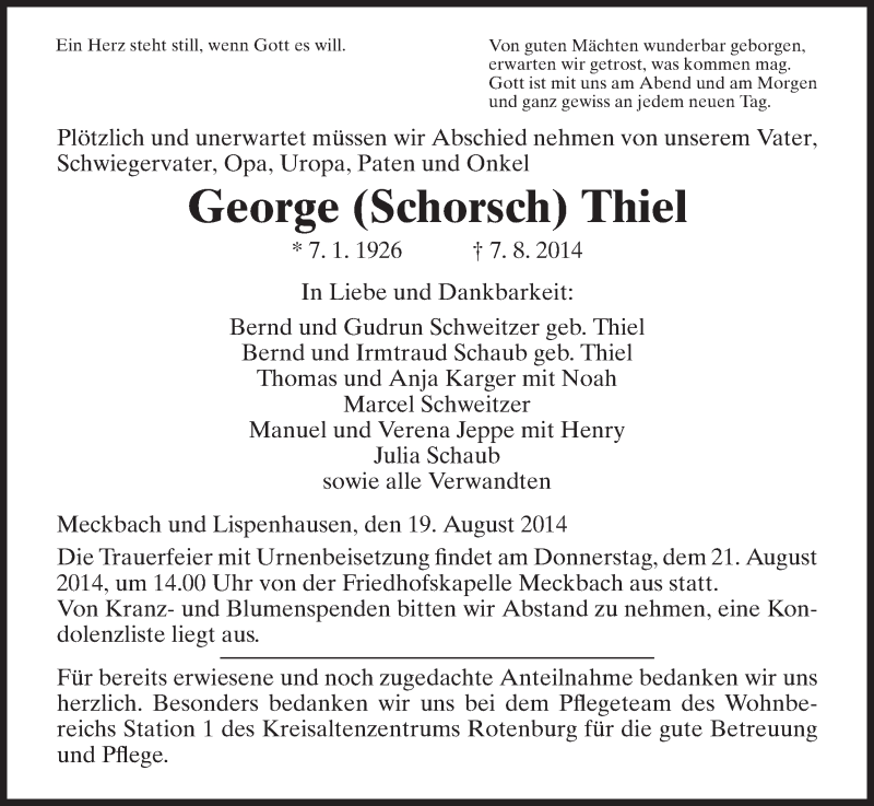 Traueranzeigen Von George Thiel Trauer HNA De