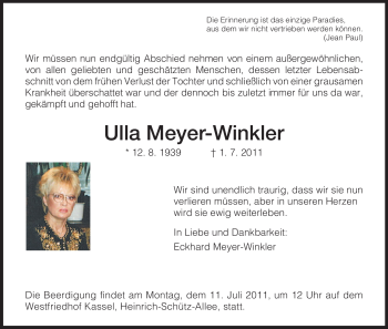 Traueranzeigen Von Ulla Meyer Winkler Trauer HNA De