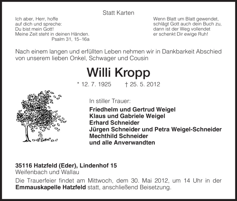 Traueranzeigen Von Willi Kropp Trauer Hna De