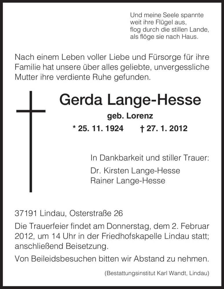 Traueranzeigen Von Gerda Lange Hesse Trauer Hna De