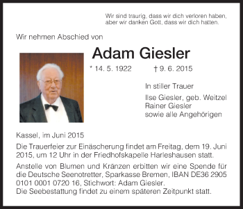 Traueranzeigen Von Adam Giesler Trauer HNA De