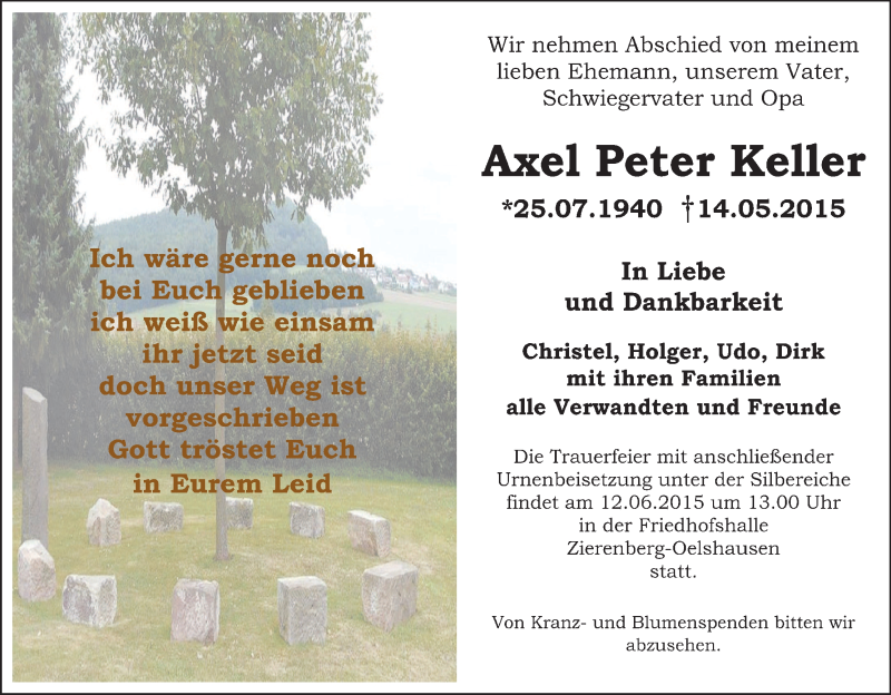 Traueranzeigen Von Axel Peter Keller Trauer Hna De