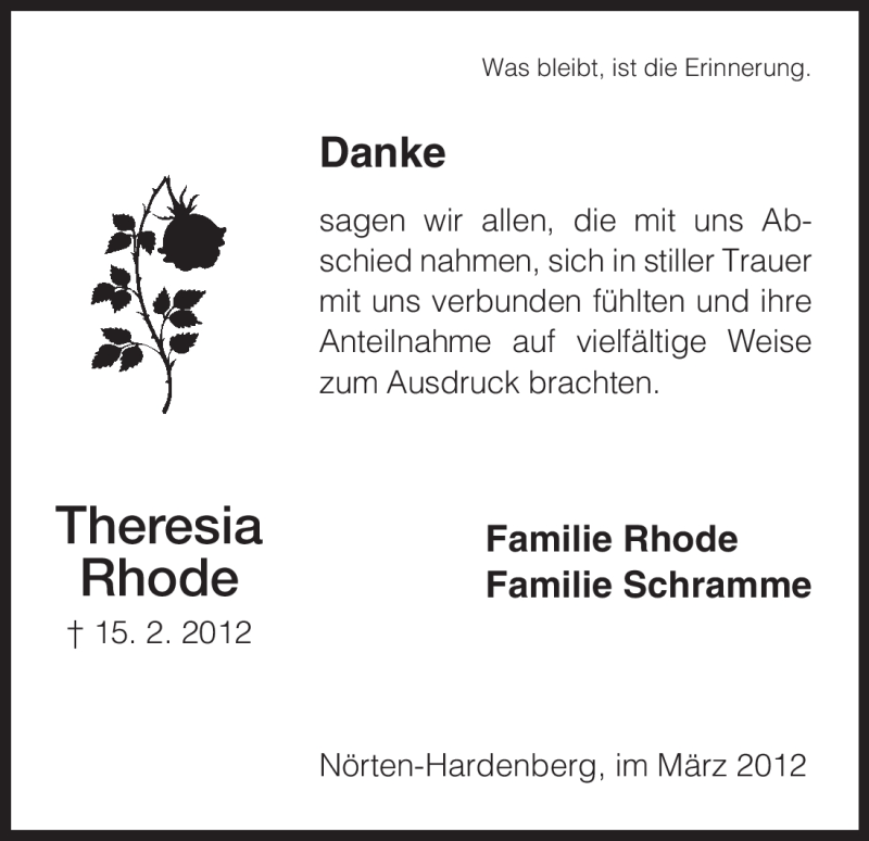 Traueranzeigen Von Theresia Rhode Trauer Hna De