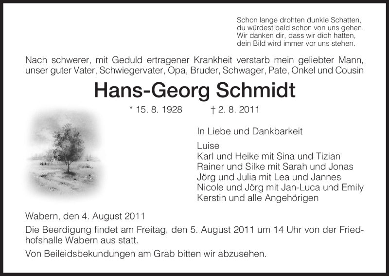 Traueranzeigen Von Hans Georg Schmidt Trauer HNA De