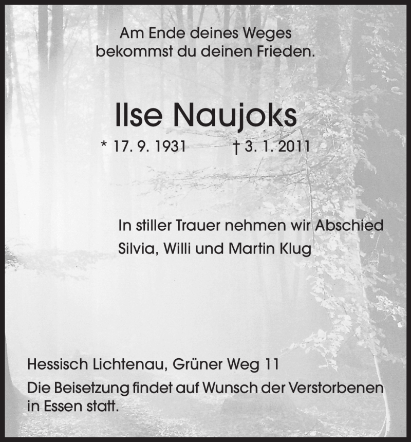 Traueranzeigen Von Ilse Naujoks Trauer HNA De