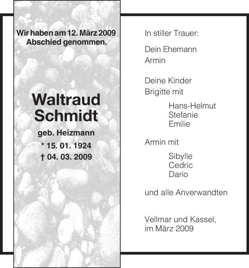 Traueranzeigen Von Waltraud Schmidt Trauer Hna De