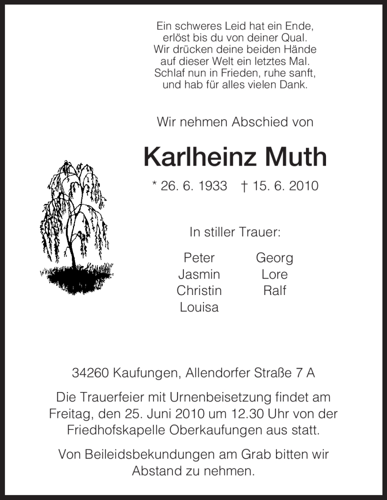 Traueranzeigen Von Karlheinz Muth Trauer HNA De